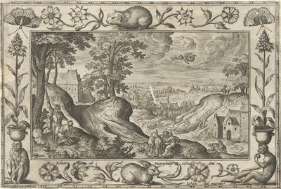 Abraham składa w ofierze Izaaka Pejzaże ze scenami biblijnymi, mitologicznymi i polowaniami (tytuł serii) autorstwa Adriaen Collaert