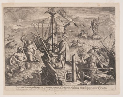 Amerigo Vespucci na swoim statku, z Americae Retectio (Odkrycie Ameryki) autorstwa Adriaen Collaert
