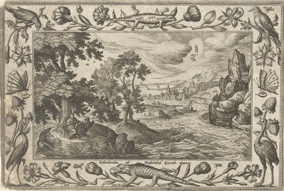 Apostoł Jan na Patmos Pejzaże ze scenami biblijnymi, mitologicznymi i polowaniami (tytuł serii) autorstwa Adriaen Collaert
