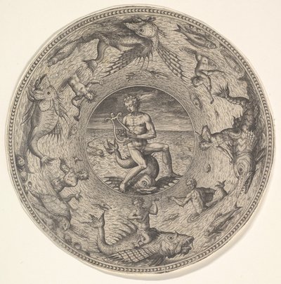 Arion na delfinie otoczony bordiurą ozdobioną istotami morskimi, z zestawu..., 1580-1600. autorstwa Adriaen Collaert