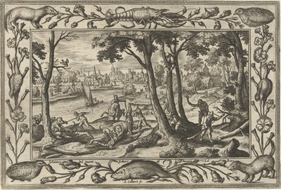 polowanie na niedźwiedzie Pejzaże ze scenami biblijnymi, mitologicznymi i polowaniami (tytuł serii) autorstwa Adriaen Collaert