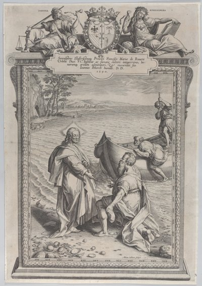 Chrystus wzywający św. Andrzeja, który klęka przed nim na plaży, i św. Piotra, który wspina się..., 1590. autorstwa Adriaen Collaert