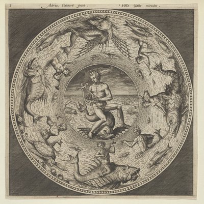 Projekt na talerz z Arionem jadącym na delfinie w medalionie otoczonym przez morskie potwory..., c1600. autorstwa Adriaen Collaert