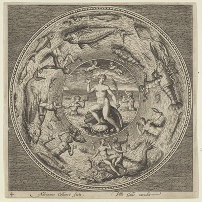 Projekt na talerz z Galateą na muszli otoczonej przez trębaczy w ramce z medalionem..., c1600. autorstwa Adriaen Collaert