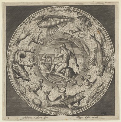 Projekt na talerz z Neptunem w muszli narysowanej przez konie w medalionie w obramowaniu ..., c1600. autorstwa Adriaen Collaert