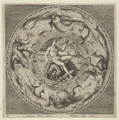 Projekt na talerz z Tetydą na muszli w medalionie z potworami morskimi, c1600. autorstwa Adriaen Collaert