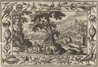 Elisa przeklina irytujące dzieci Pejzaże ze scenami biblijnymi, mitologicznymi i polowaniami (tytuł serii) autorstwa Adriaen Collaert