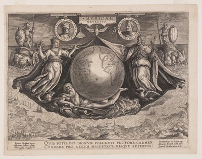 Frontispis z Americae Retectio (Odkrycie Ameryki) autorstwa Adriaen Collaert