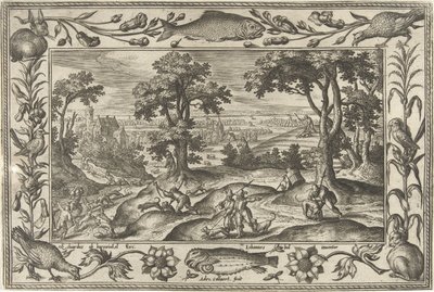 polowanie na zająca Pejzaże ze scenami biblijnymi, mitologicznymi i polowaniami (tytuł serii) autorstwa Adriaen Collaert
