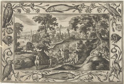 polowanie na jelenia Pejzaże ze scenami biblijnymi, mitologicznymi i polowaniami (tytuł serii) autorstwa Adriaen Collaert