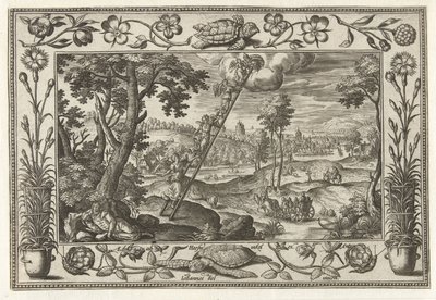 Drabina Jakuba Pejzaże ze scenami biblijnymi, mitologicznymi i polowaniami (tytuł serii) autorstwa Adriaen Collaert