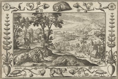 Juda i Tamar Pejzaże ze scenami biblijnymi, mitologicznymi i polowaniami (tytuł serii) autorstwa Adriaen Collaert