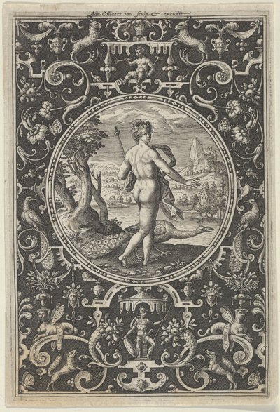 Junona w ozdobnej ramie z groteskami, z Sądu Paryskiego, ca. 1580-..., c1580-1600. autorstwa Adriaen Collaert
