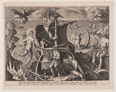 Magellan siedzący na pokładzie, z Americae Retectio autorstwa Adriaen Collaert