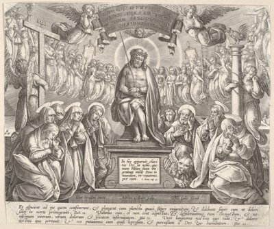 Mąż boleści z Trzema Mariami i Ewangelistami. autorstwa Adriaen Collaert