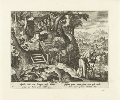 Nefalia z Knossos Nephalia Gnossia (tytuł na obiekcie) Pustelnik (tytuł serii) Solitvdo sive vitae foeminarvm anachoritarvm (tytuł serii) autorstwa Adriaen Collaert