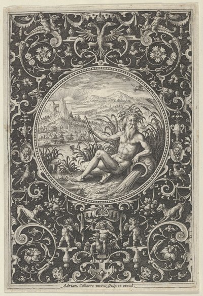 Neptun w ozdobnej ramie z groteskami, z Sądu Paryskiego, ok. 1580-1600. autorstwa Adriaen Collaert