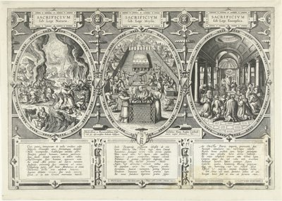 Oferty onder de wet van de natuur, onder de wet van Mozes en onder de wet van het Evangelie Ofiara pod Prawem Natury, Ofiara pod Prawem Mojżesza, Ofiara pod Prawem Ewangelii (tytuł na przedmiocie) autorstwa Adriaen Collaert