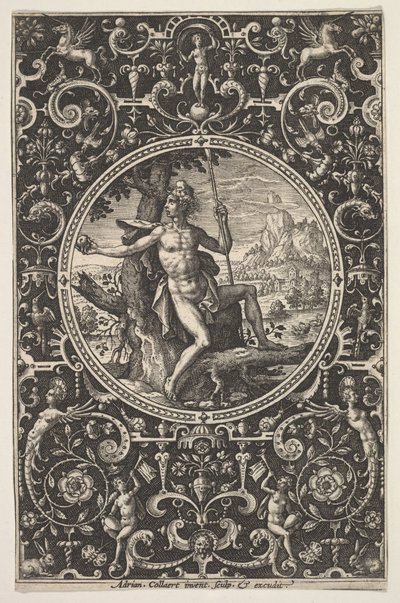 Paryż w ozdobnej ramie z groteskami, ca. 1580-1600. autorstwa Adriaen Collaert