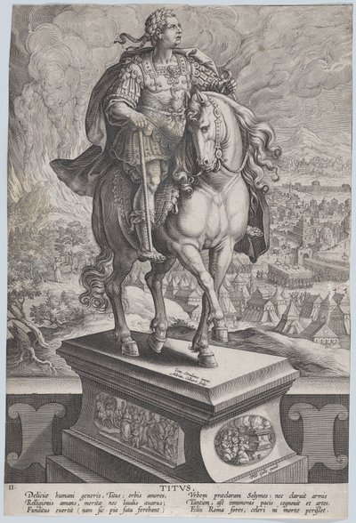 Ilustracja 11: Konny posąg Tytusa, widziany w trzech czwartych na prawo, Wezuw..., ca. 1587-89. autorstwa Adriaen Collaert