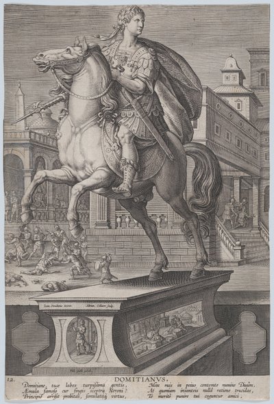 Tablica 12: konny posąg Domicjana, widziany w trzech czwartych w lewo, z jego ..., ca. 1587-89. autorstwa Adriaen Collaert