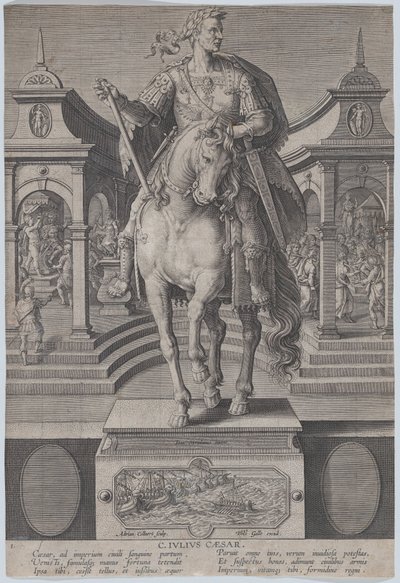 Ilustracja 1: Posąg Juliusza Cezara na koniu, widziany od przodu, ze sceną..., ca. 1587-89. autorstwa Adriaen Collaert