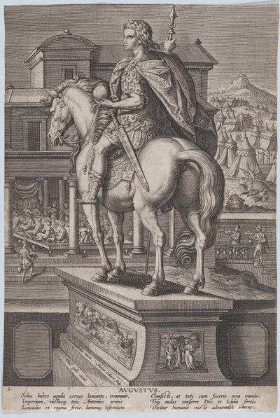 Ilustracja 2: Konny posąg Augusta trzymającego kulę ziemską i widziany od tyłu, z ..., ca. 1587-89. autorstwa Adriaen Collaert