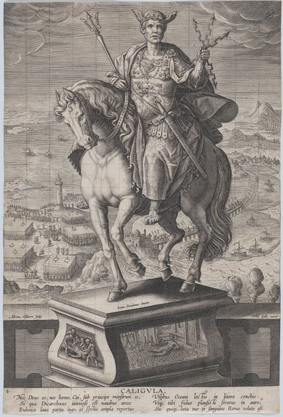 Ilustracja 4: Konny posąg Kaliguli, widziany w trzech czwartych w lewo, ubrany w ..., ca. 1587-89. autorstwa Adriaen Collaert