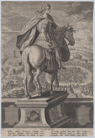 Ilustracja 5: Konny pomnik Klaudiusza, widok z tyłu, zawody morskie w ri..., ok. godz. 1587-89. autorstwa Adriaen Collaert