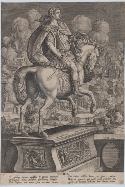 Ilustracja 6: Konny posąg Nerona, widziany od tyłu, Wielki Pożar Rzymu w..., ok. godz. 1587-89. autorstwa Adriaen Collaert