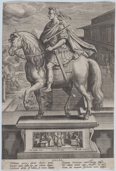 Tablica 7: konny posąg Galby, z profilu po lewej stronie, ze sceną ścięcia..., ok. godz. 1587-89. autorstwa Adriaen Collaert