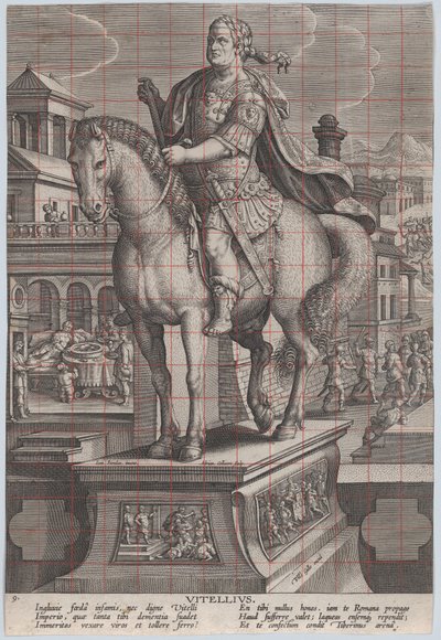 Ilustracja 9: konny posąg Witeliusza, widziany w trzech czwartych w lewo, z jego ..., ca. 1587-89. autorstwa Adriaen Collaert