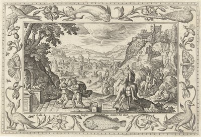 Rebeka i Eliezer przy studni Pejzaże ze scenami biblijnymi, mitologicznymi i polowaniami (tytuł serii) autorstwa Adriaen Collaert