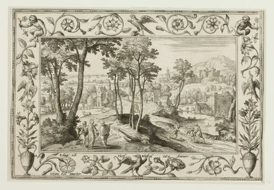 Podróż do Emaus, z pejzaży ze scenami ze Starego i Nowego Testamentu oraz scenami myśliwskimi autorstwa Adriaen Collaert
