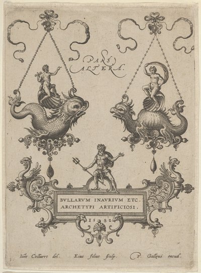 Tabliczka tytułowa z dwoma wisiorkami powyżej i Neptunem stojącym na kartuszu poniżej, 1582. autorstwa Adriaen Collaert