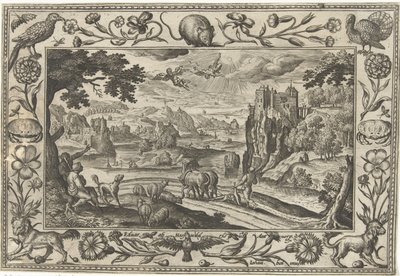 Upadek Ikara Pejzaże ze scenami biblijnymi, mitologicznymi i polowaniami (tytuł serii) autorstwa Adriaen Collaert