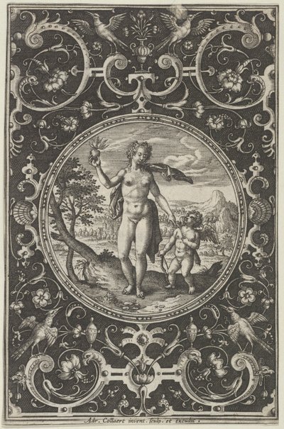 Wenus i Kupidyn w ozdobnej ramie z groteskami, z Sądu Paryskiego..., ok. 1580-1600. autorstwa Adriaen Collaert