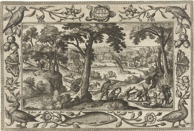 polowanie na dzika Pejzaże ze scenami biblijnymi, mitologicznymi i polowaniami (tytuł serii) autorstwa Adriaen Collaert