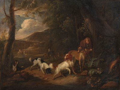 Hunter with Hounds at the Edge of a Wood   1393043   pl       polish Successfully Translated  Original: Woman Playing Music (recto); Krishna Stroking Radhas Feet (verso) Translat: Woman Playing Music (recto); Krishna Stroking Radha