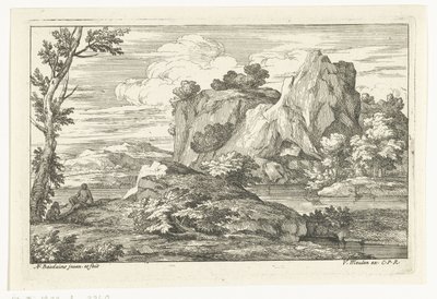 Krajobraz z dużą skałą nad rzeką autorstwa Adriaen Frans Boudewyns