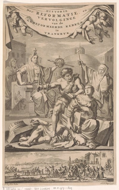 Francuski Kościół Reformowany zaatakowany przez człowieka plagą Strona tytułowa dla: E. Benoist, Historia kościołów reformowanych w Vrankrijk, 1696 autorstwa Adriaen Haelwegh
