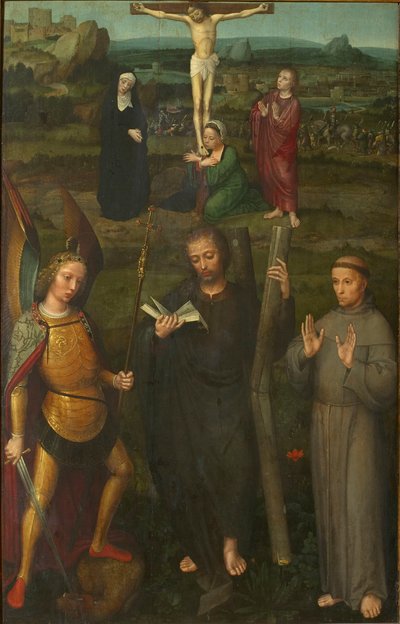 Ukrzyżowanie ze świętymi Michałem Archaniołem, Andrzejem i Franciszkiem z Asyżu 1510. autorstwa Adriaen Isenbrant