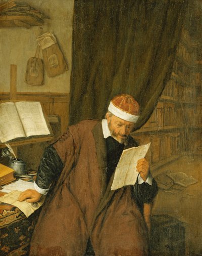 Prawnik siedzący przy biurku czytający list, biblioteka za nią, 1668 r. autorstwa Adriaen Jansz. van Ostade