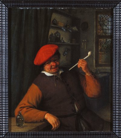 Chłop w czerwonym berecie palący fajkę we wnętrzu autorstwa Adriaen Jansz. van Ostade