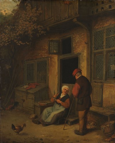 Kobieta patrosząca śledzie przed swoim domem autorstwa Adriaen Jansz. van Ostade
