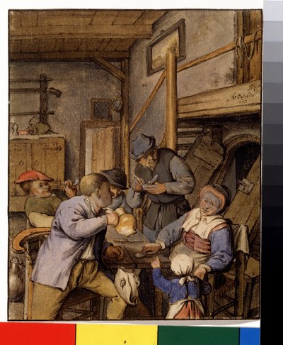 W karczmie (w tawernie). Chłopi palą i piją przy stole przed wejściem do piwnicy. Obraz Adriaena Jansza Van Ostade (1610-1685), ok. 1667. Malarstwo holenderskie. Ołówek, pędzel i akwarela na papierze. Muzeum Puszkina, Moskwa autorstwa Adriaen Jansz. van Ostade