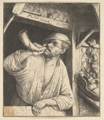 Dmuchający Róg Piekarza, 1610-85. autorstwa Adriaen Jansz. van Ostade