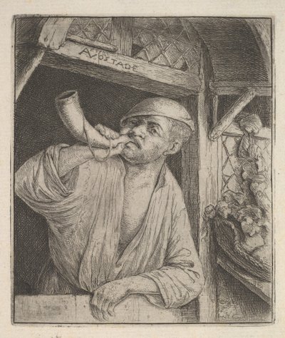 Dmuchający Róg Piekarza, 1610-85. autorstwa Adriaen Jansz. van Ostade