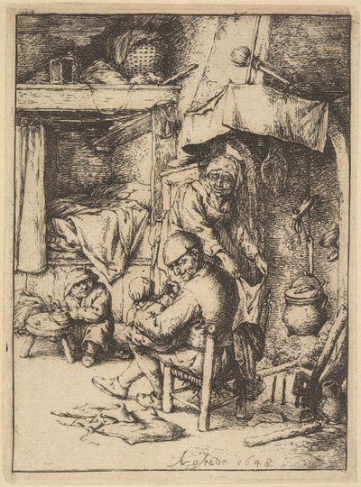Ojciec rodziny dający rosół swojemu dziecku, 1610-85. autorstwa Adriaen Jansz. van Ostade