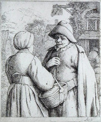 Rozmawiający mężczyzna i kobieta (grawerunek) autorstwa Adriaen Jansz. van Ostade